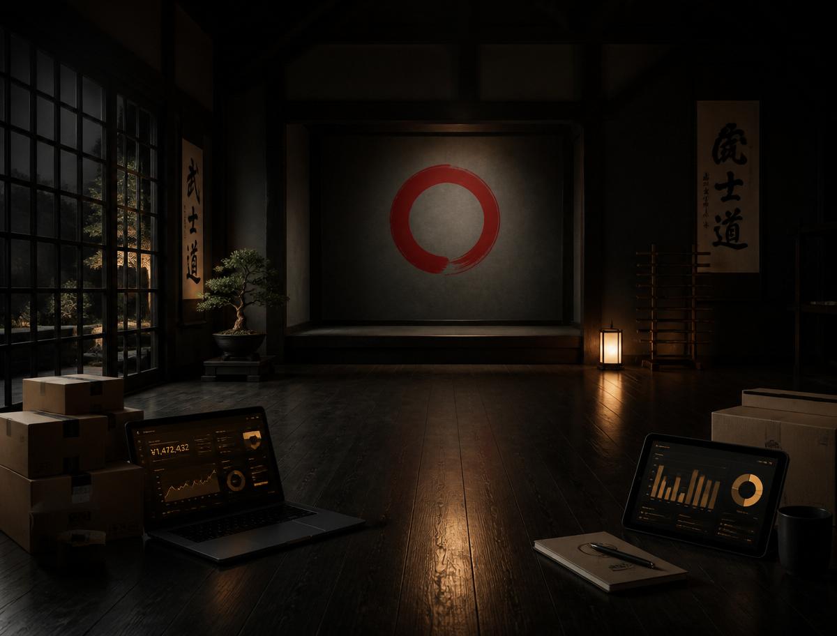 Siluetas de senseis en un dojo junto a tableros de e-commerce